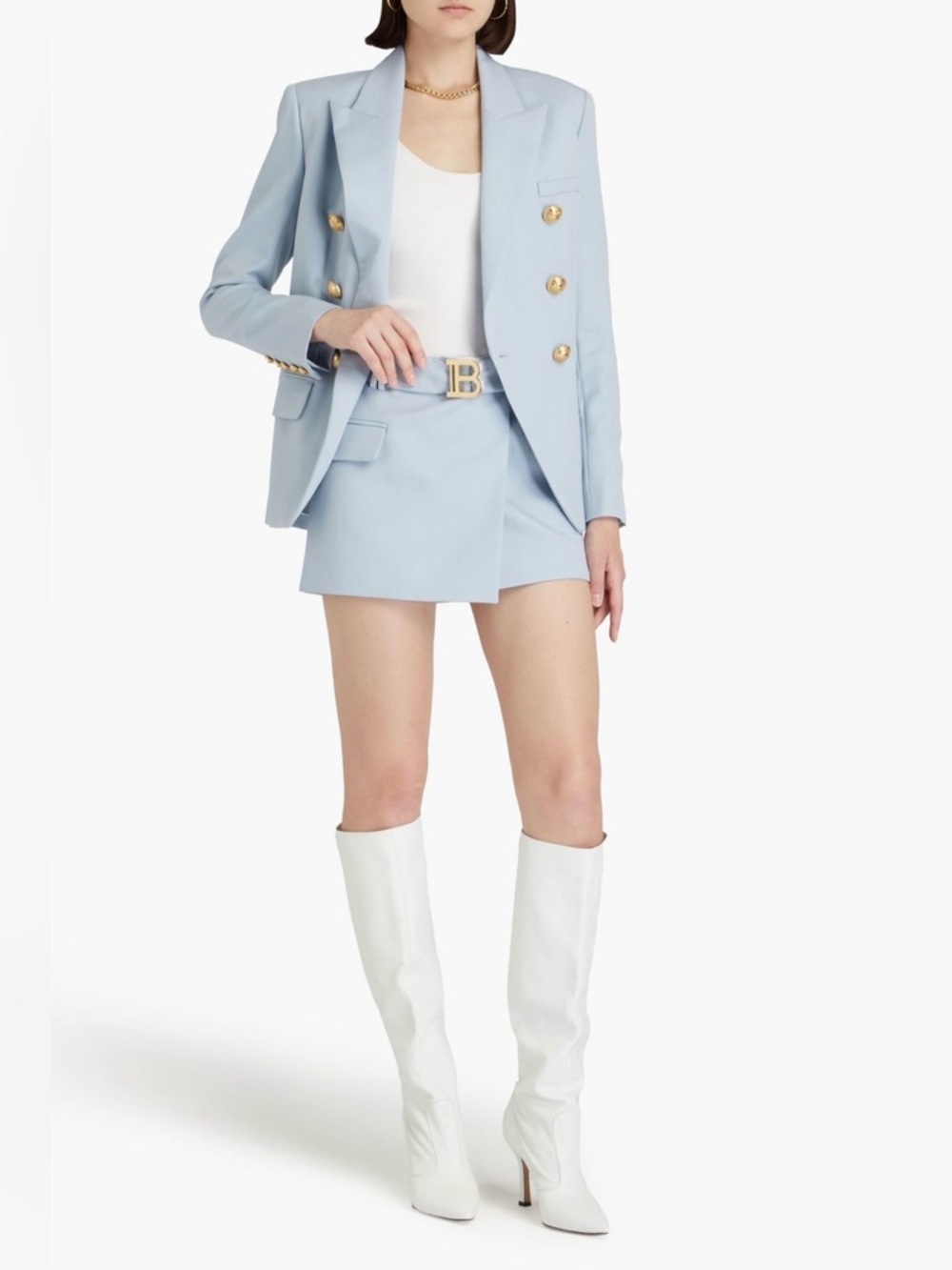 Balmain Wrap Mini Skirt Light Blue Wool Belted Women US6 FR38 Logo Designer Chic - Picture 2 of 16